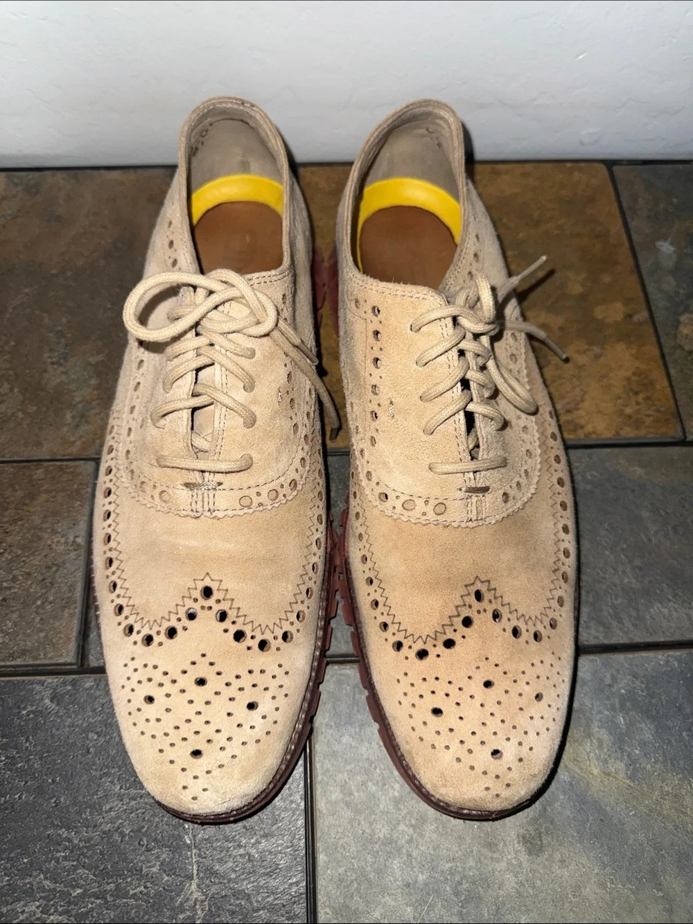 Cole Haan Beige Suede Wingtip Brogue Derby Shoes